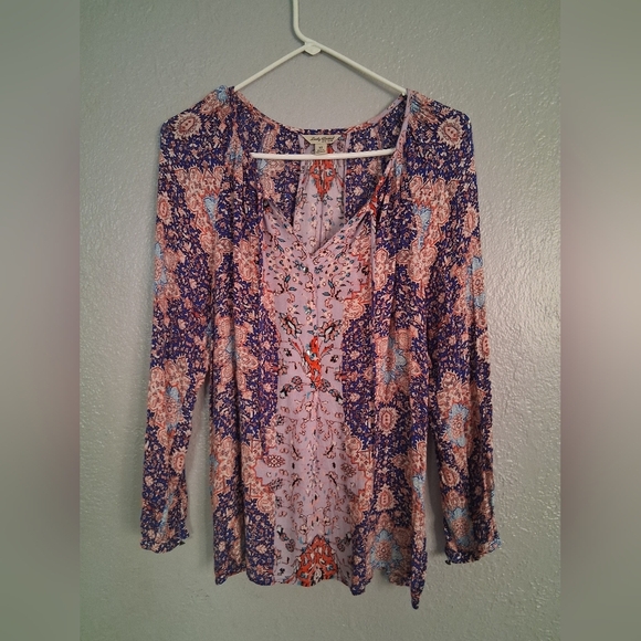 Lucky Brand • Blue Purple Tile Print Long Sleeve Boho Tunic Pesant M - Picture 2 of 6